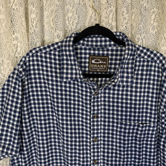 Drake Clothing Mens Large Blue Flannel Check Button up Shirt‎ Short Sleeve - Picture 2 of 9